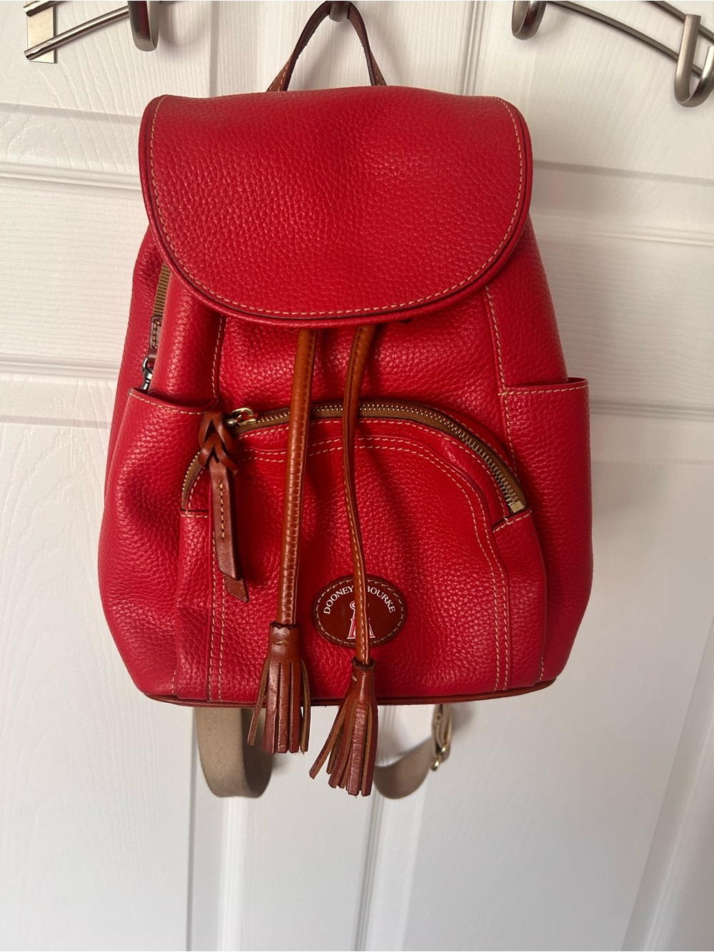 Dooney & Bourke “Angels Baseball” Red Pebbled Leather Backpack with Brown Trim